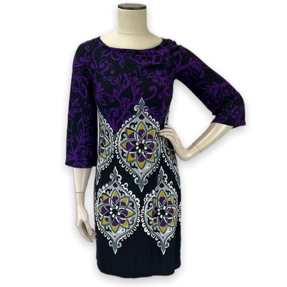 𝅺LUCY & Laurel 3/4 Sleeve Shift Dress Geometric Pattern Size 4 - Picture 1 of 3